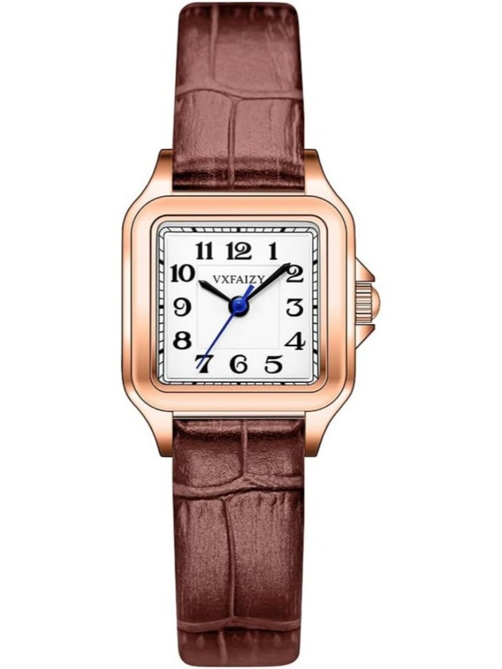Women's Brown- Rose Gold Leather Band Dainty Square Quartz Dress Wrist Watch